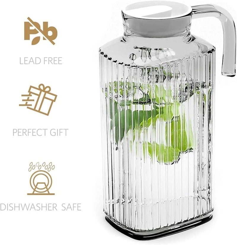 AMBSS SYS Glass Ware Ribbed Pitcher With Lid And Handle, Up To 60oz.Each- Sleek And Elegant, For Milk, Iced Tea, Juices, Water etc. 1.8 L. (Lid is White) (1) - Image 5